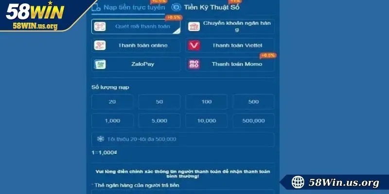 Nạp tiền nhanh chóng, bảo mật 24/7